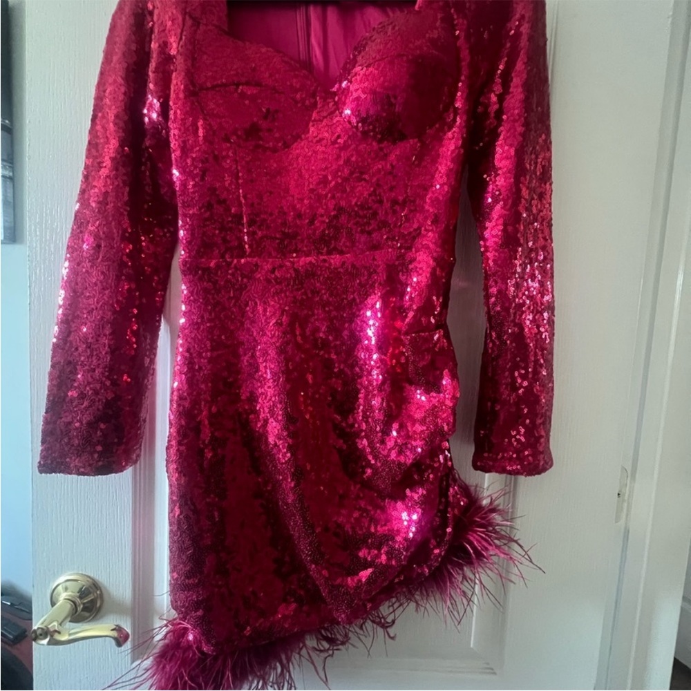 Glamorous Fuchsia Sequin Dress with Feather Hem